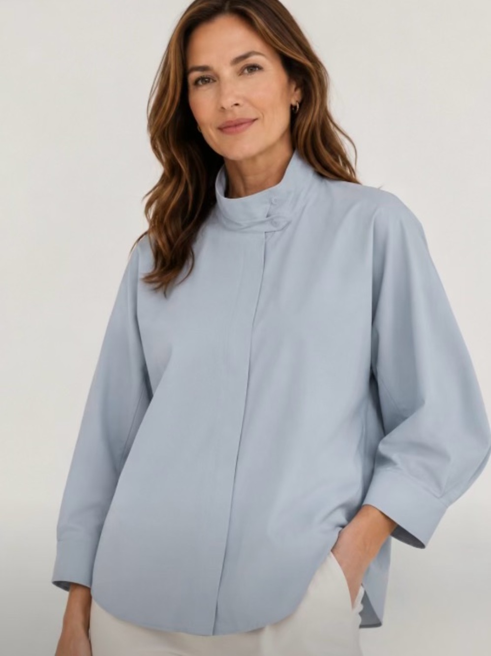 Zara Blue Gray Cotton 1/2 Puff Sleeve Blouse Top NWT Medium